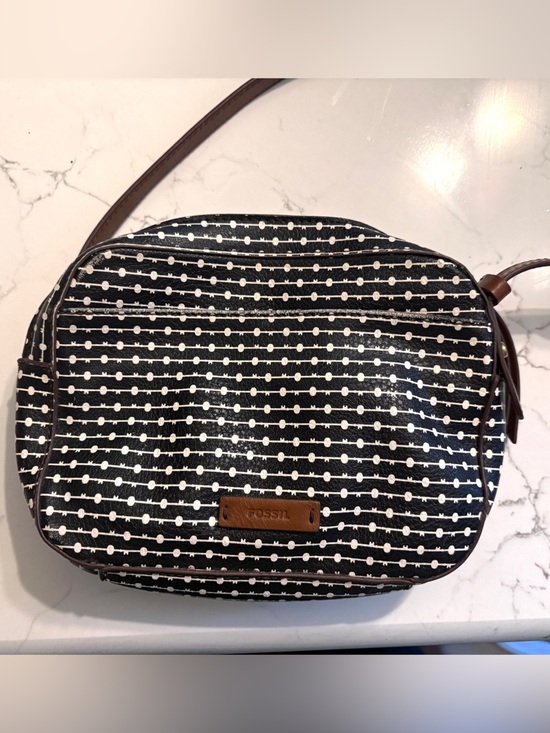 Handbags - Fossil Vintage Y2K Crossbody Bag Black White Print Leather Trim SHB1802